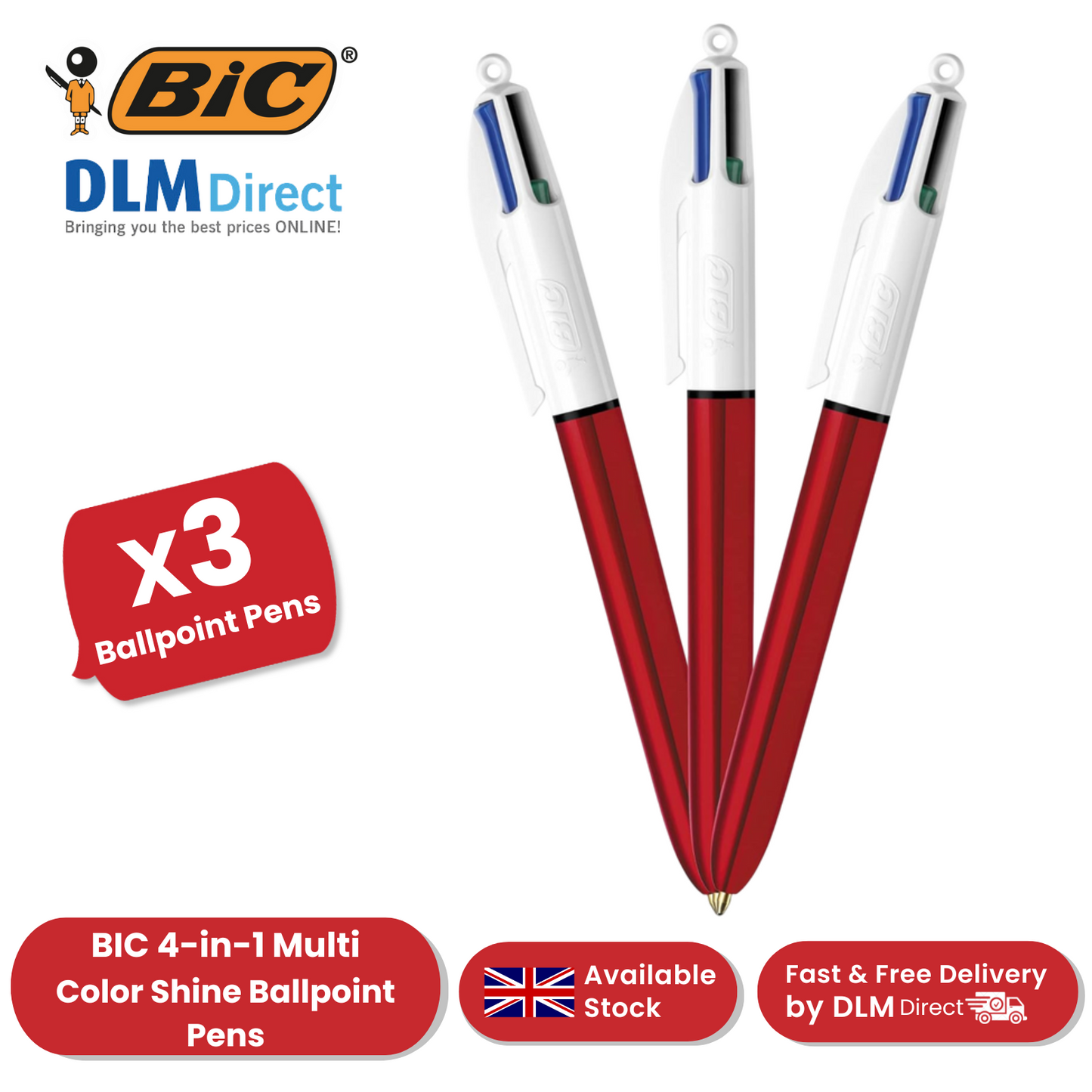 Bic 4 Colour Shine - Red - Pack of 3