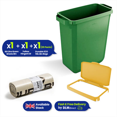 DURABIN 60L Green Bin Set & Yellow Hinged Lid and 25x 110L Recycled Bin Bags