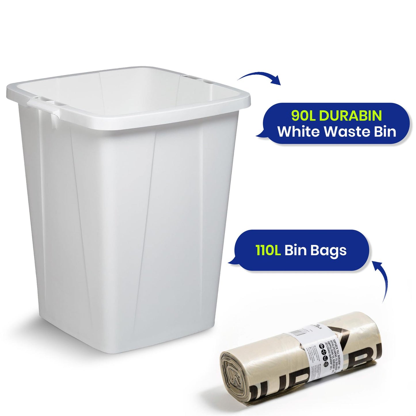 110L Bin Bags 25 Pack and 90L DURABIN White Waste Bin for Home and Office