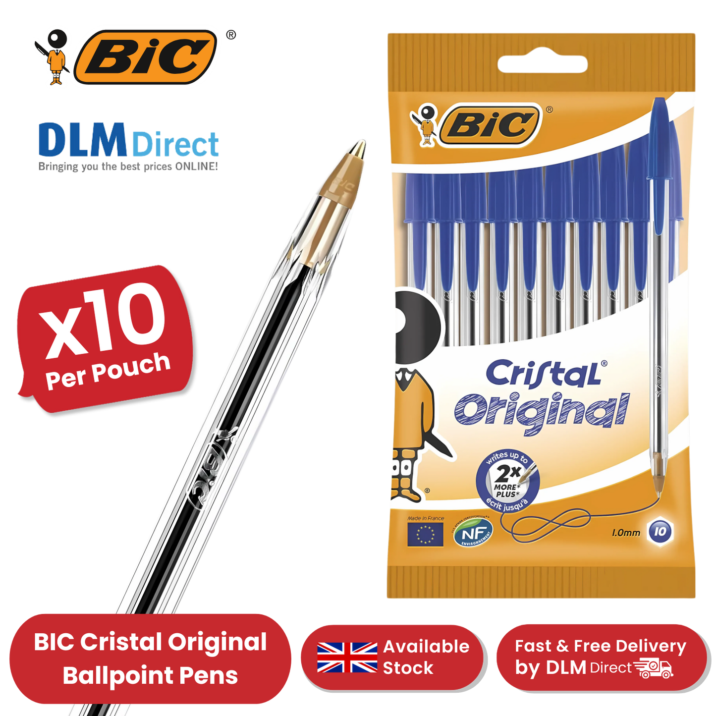 BIC Cristal Original Ballpoint Pens Medium Point (1.0 mm) Blue, Pouch of 8 - 1-5