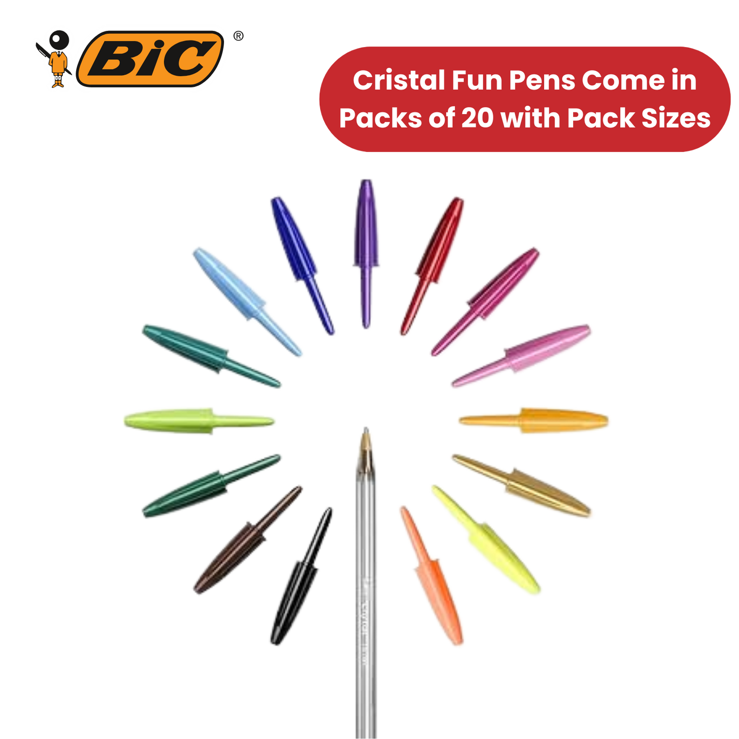 20x BIC Cristal Fun Ballpoint Pens 1.6mm Assorted Colours