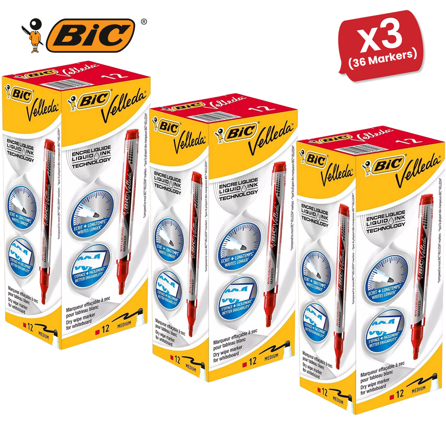 BIC Velleda Liquid Ink Dry Wipe Pocket Markers Red - Pack of 12