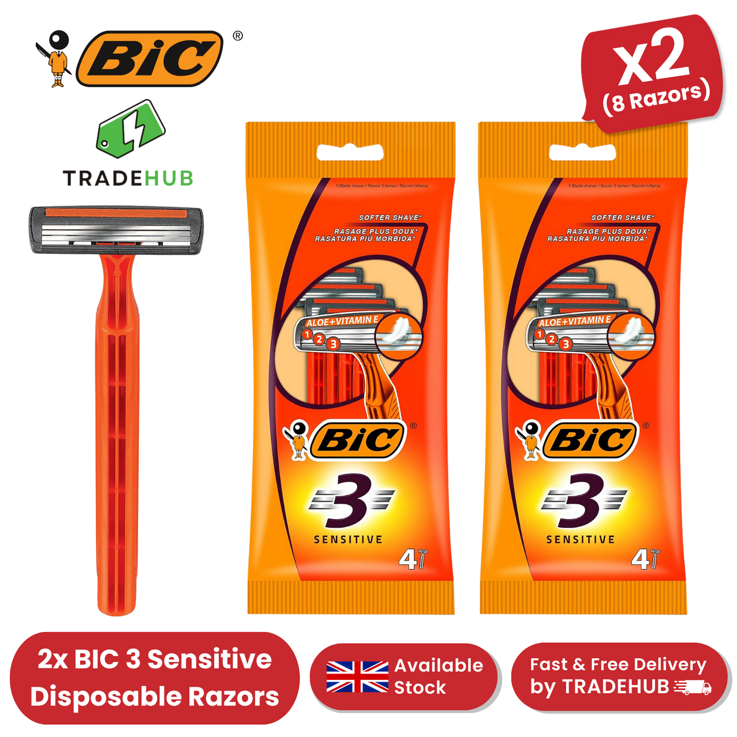 Bic 3 Sensitive Razors - 2 Packs (8 Razors)