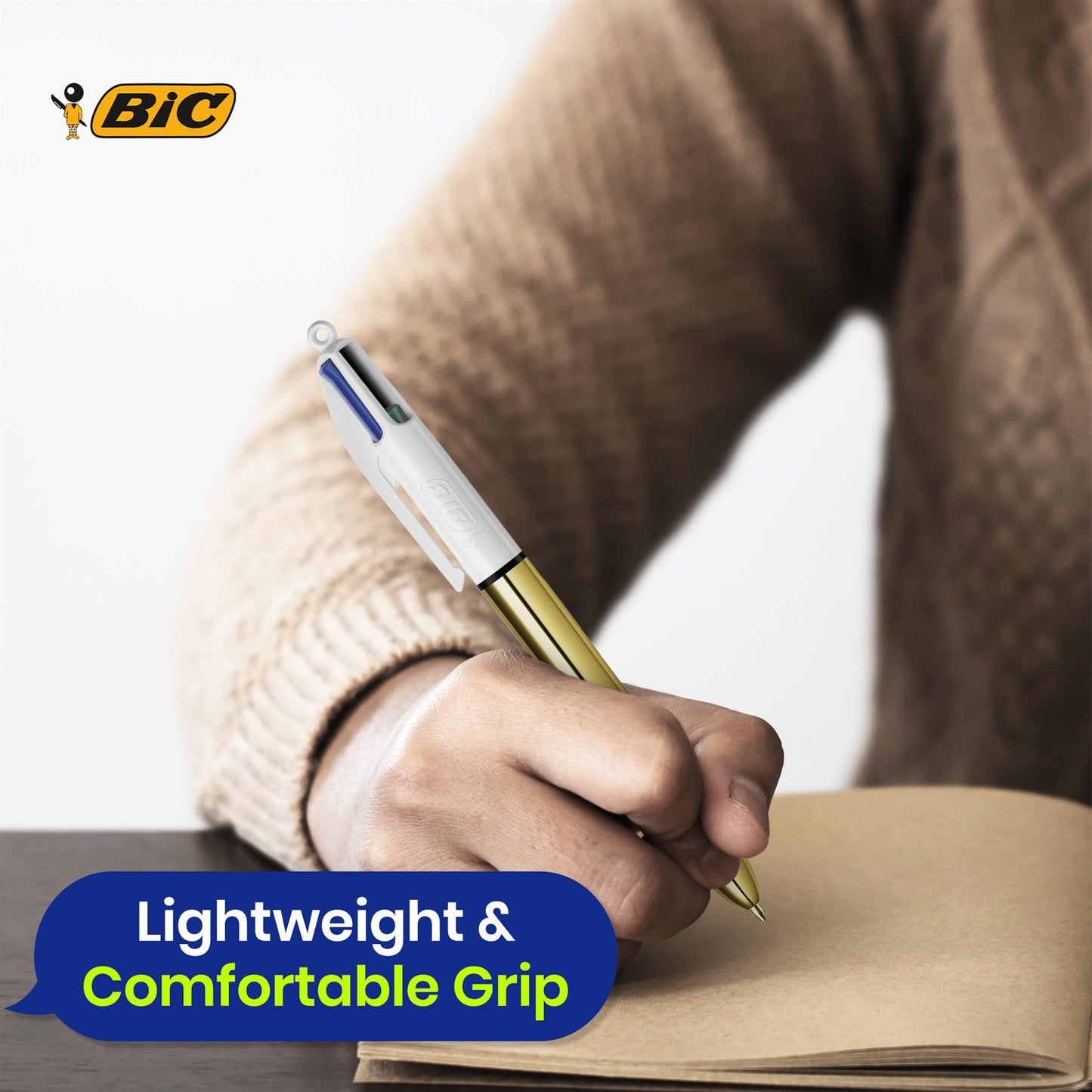 BIC 4 Colours Shine Ballpoint Pens Set of 12 Refillable Biros Gold Metal Barrel for Office and School