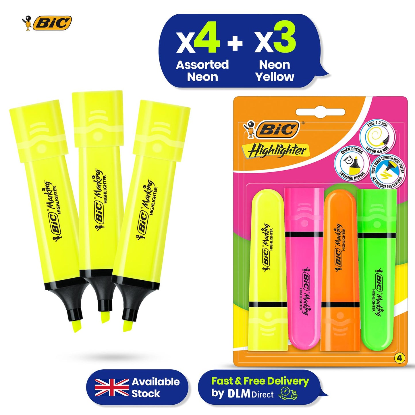 BIC Highlighter Flat Marker Neon Yellow Pack of 3 & 4x Assorted Chisel Tip Quick Dry