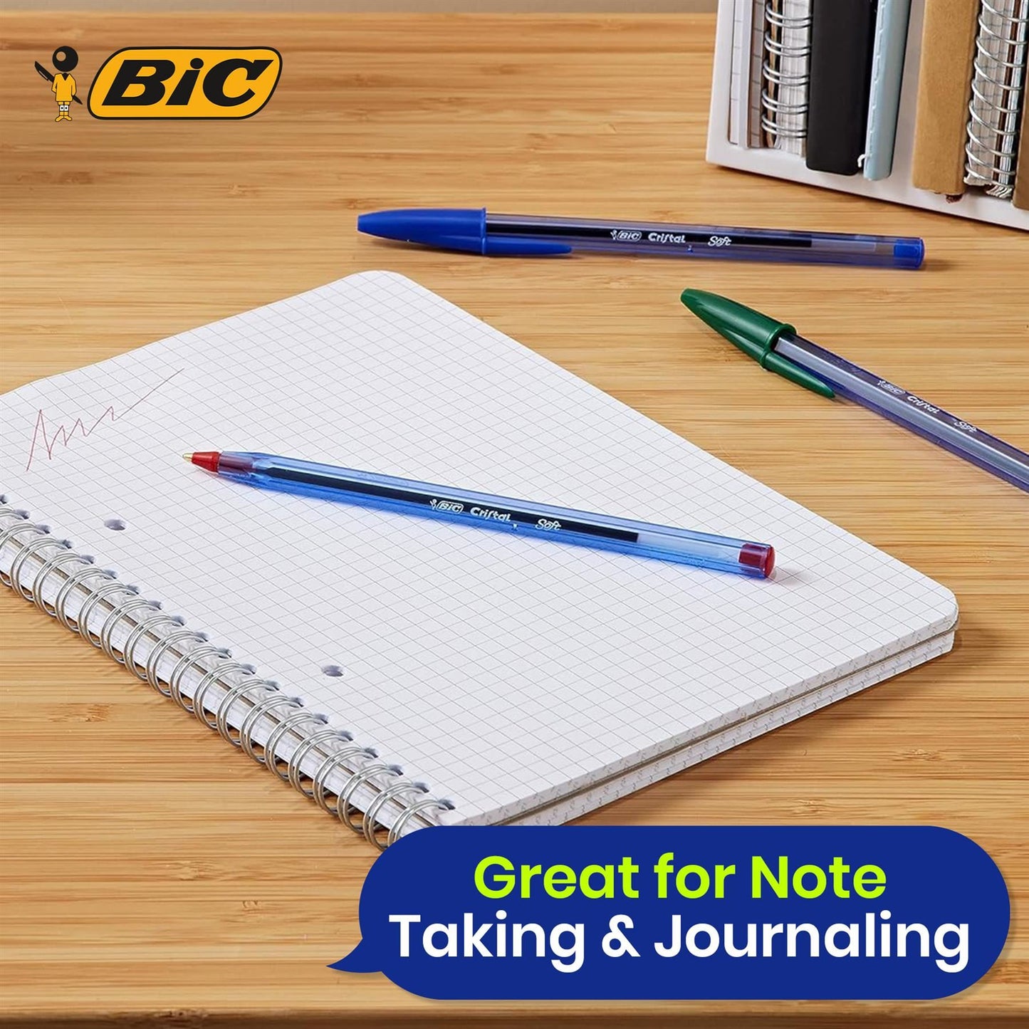 Bic Cristal Soft Ballpoint Pens Medium Tip (1.2 mm) Assorted Colours, Pack of 15 + 5,Black / Blue / Red / Green