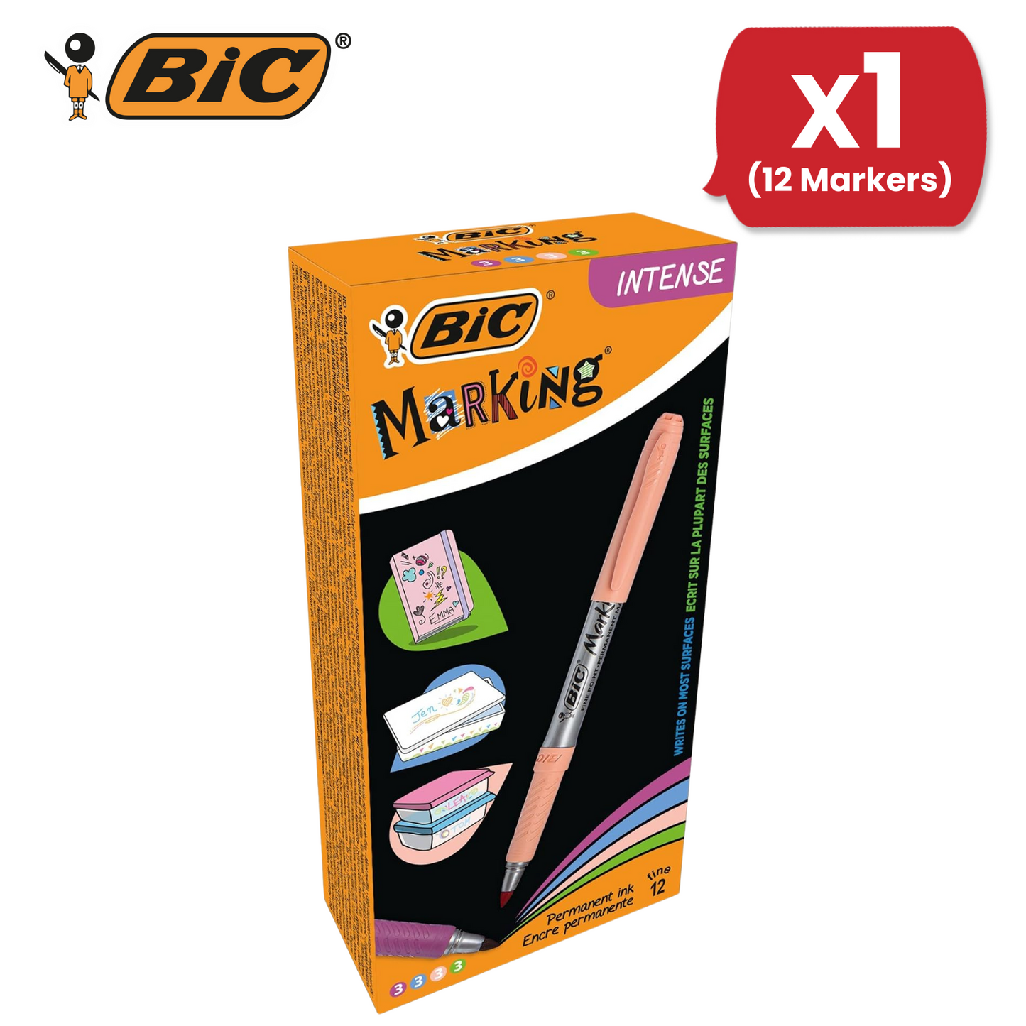 BIC Marking Permanent Markers Fine Tip Assorted Intense & Pastel Colours 12 Pack