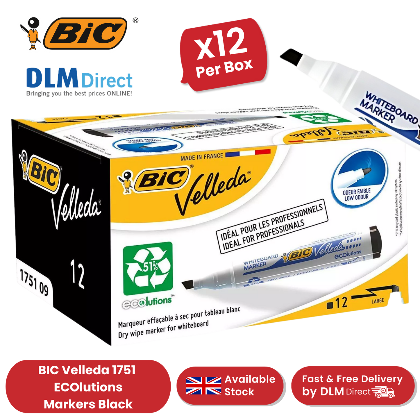 BIC VELLEDA MARKER 1751 BLACK - PACK OF 12 - 1 to 5 Packs
