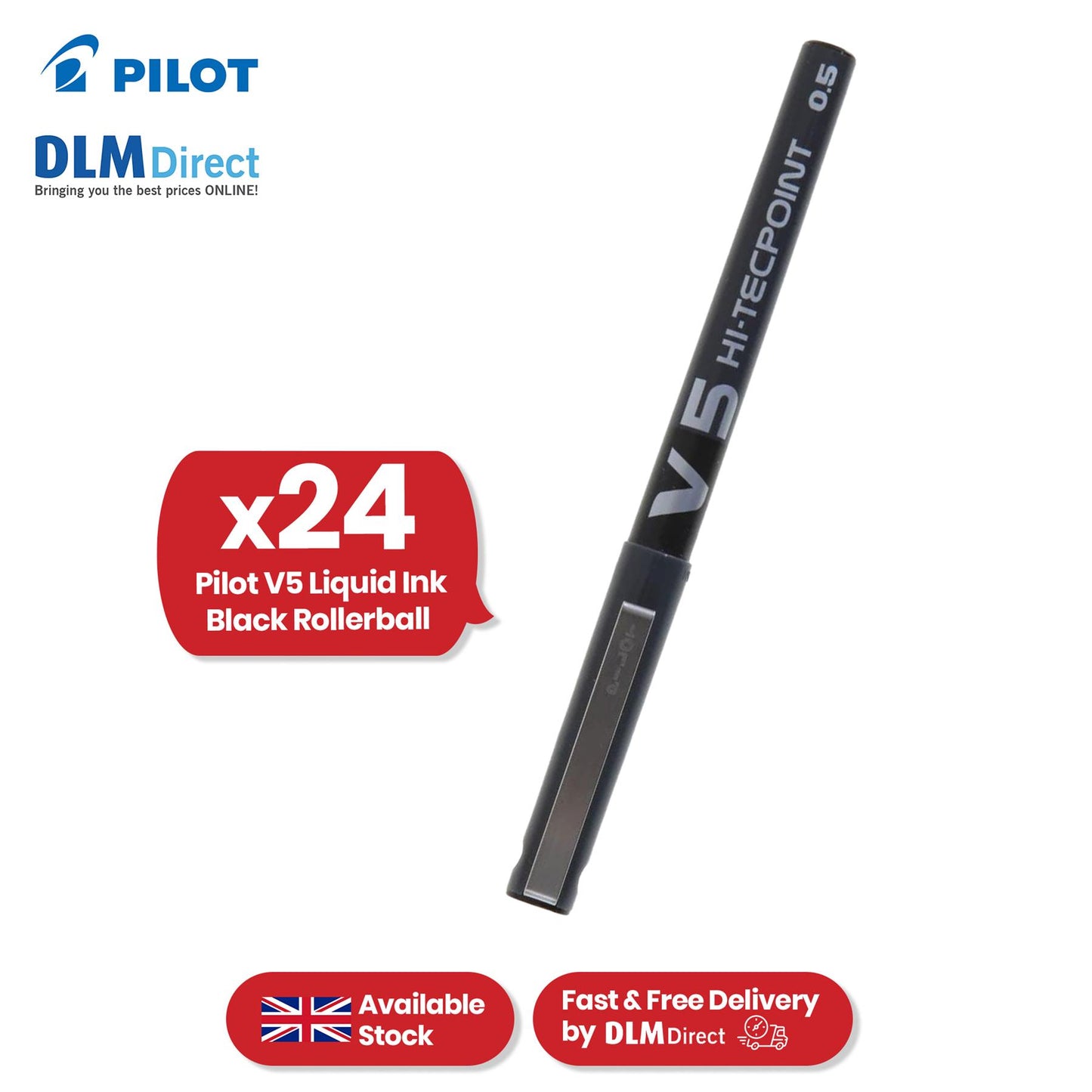 Pilot V5 Rollerball Pen - Black 0.5mm Fine Tip Rollerball Pen, Liquid Biros for Notes