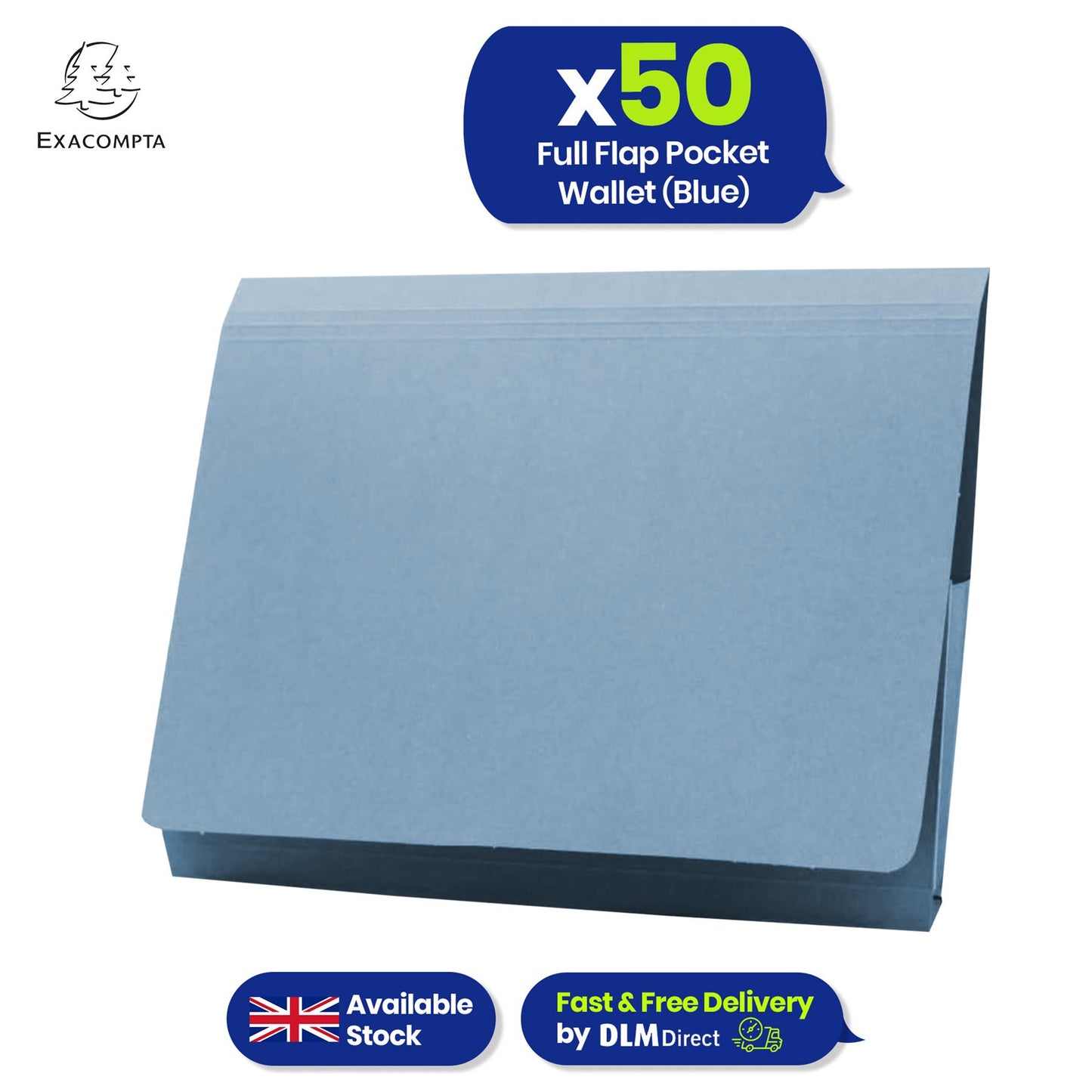 Exacompta Guildhall Full Flap Pocket Wallet, Durable 315gsm Manilla Folder Foolscap, 50 Pack (Blue)