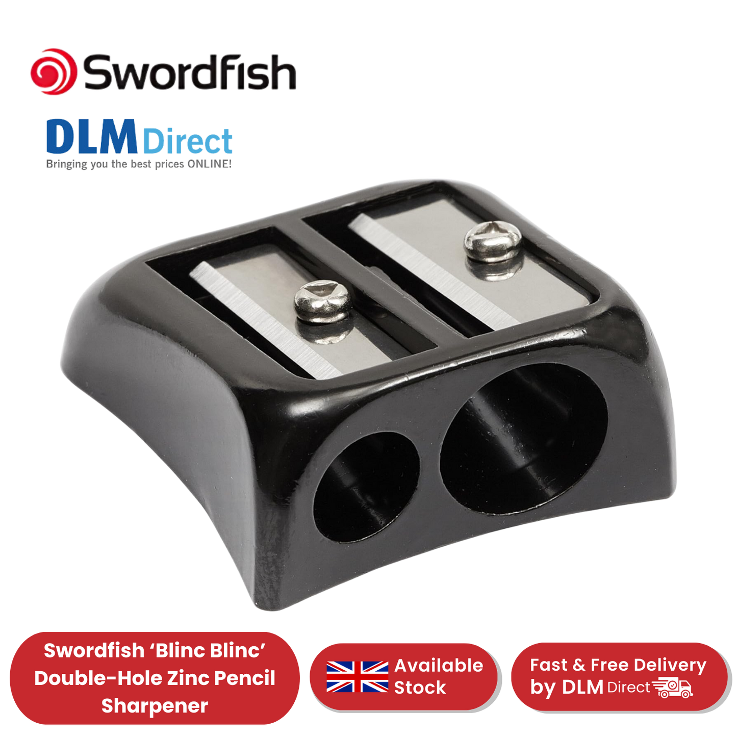 Swordfish Blinc Blinc Double-Hole Zinc Pencil Sharpener, Smooth & Stylish Black
