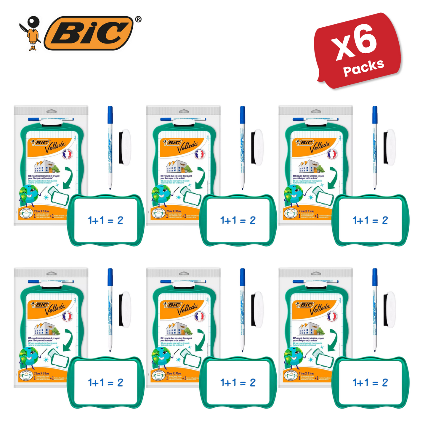 BIC Velleda Double-sided Whiteboard (21 x 31cm) with 2 Dry Erase Pens -2 to 36