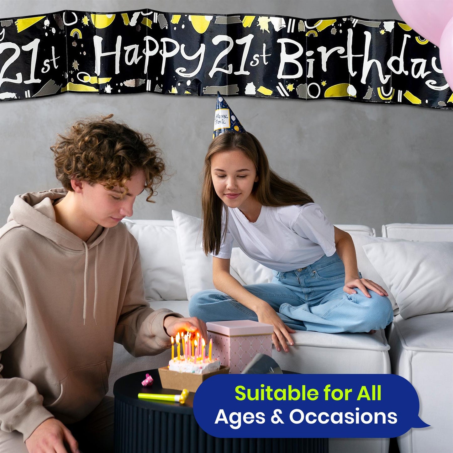 Happy 21st Birthday Black and White Recyclable Banner - 2.6m