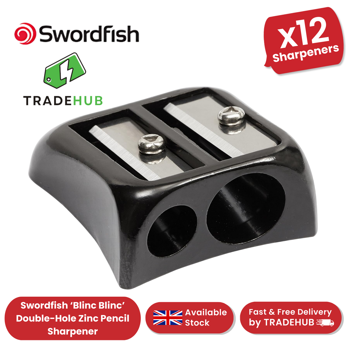 Swordfish Blinc Blinc Double-Hole Zinc Pencil Sharpener, Black - Pack of 12