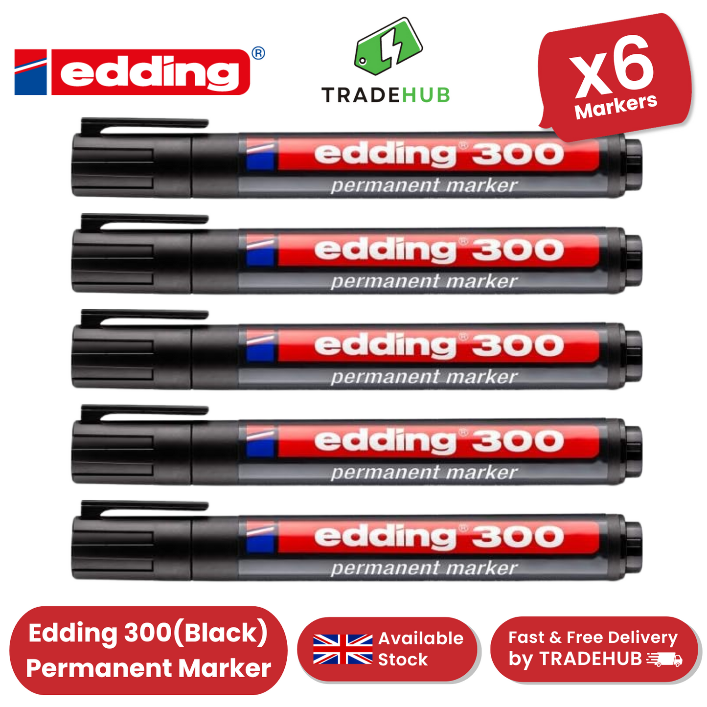 Edding 300 Permanent Marker Bullet 1.5-3mm Black - Pack of 6