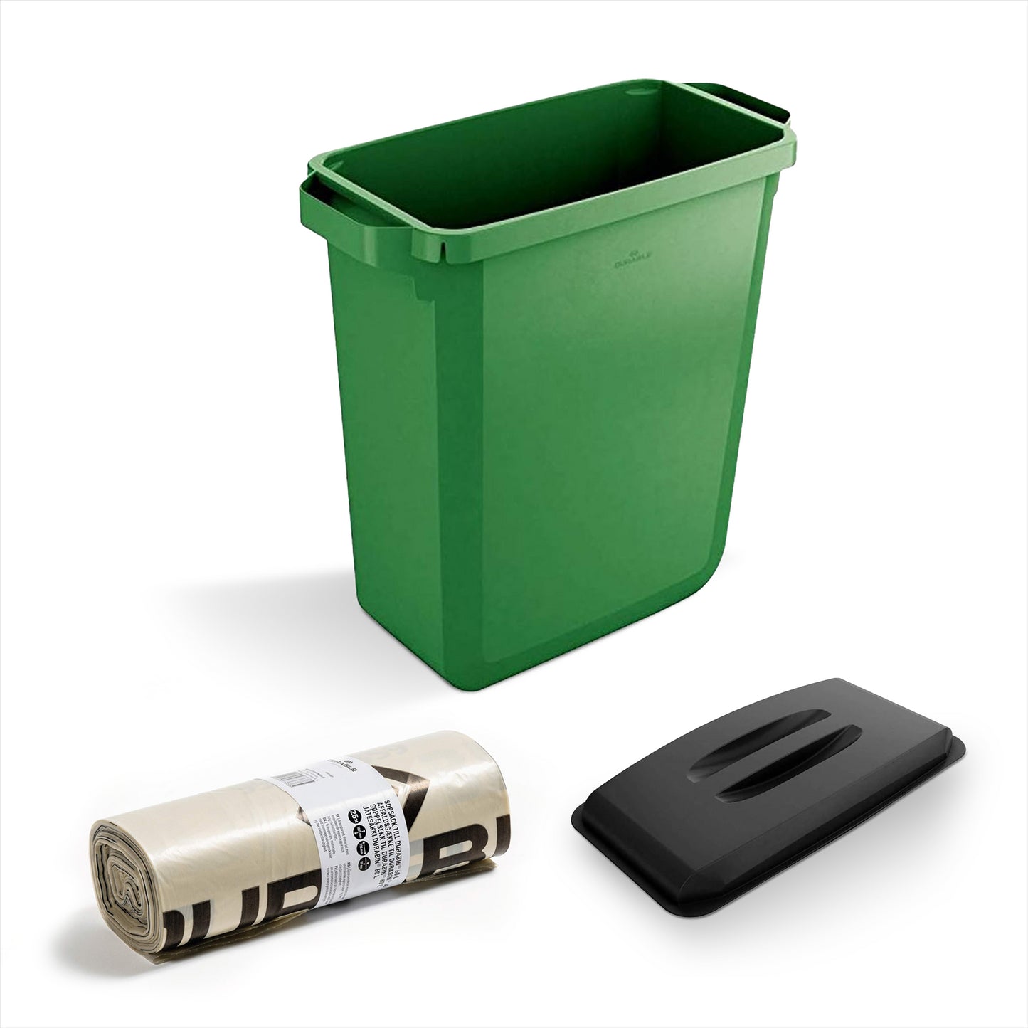 DURABIN 60L Green Bin Set & Black Lid and 25x 110L Recycled Bin Bags