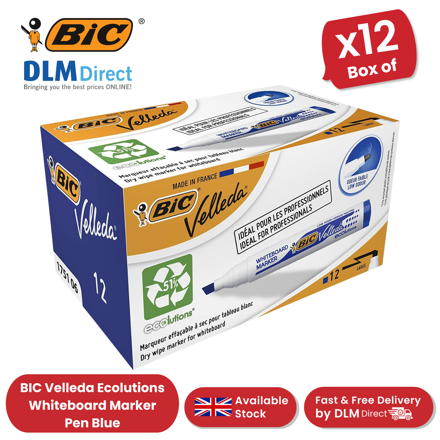BIC Velleda 1751 ECOlutions Whiteboard Markers Blue - Box of 12 - 1 to 5 Packs
