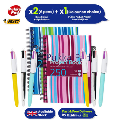Pukka A5 Project Book With Dividers 1x Pad On Your Colour Choice & Bic 4 Colour Ballpoint Pens 2x