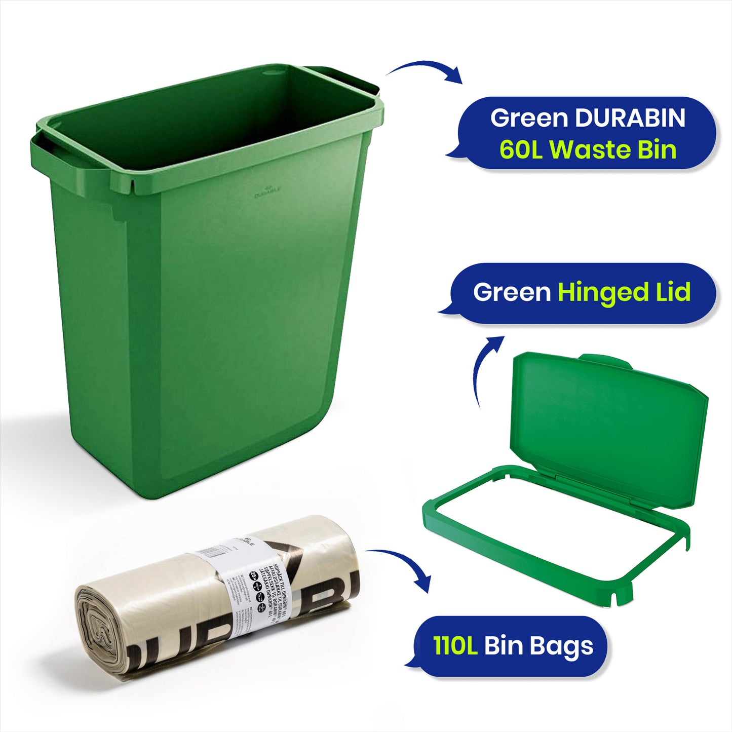 DURABIN 60L Green Bin Set & Green Hinged Lid and 25x 110L Recycled Bin Bags