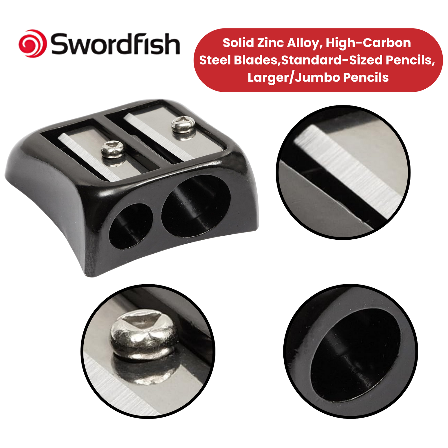 Swordfish Blinc Blinc Double-Hole Zinc Pencil Sharpener, Black - Pack of 12