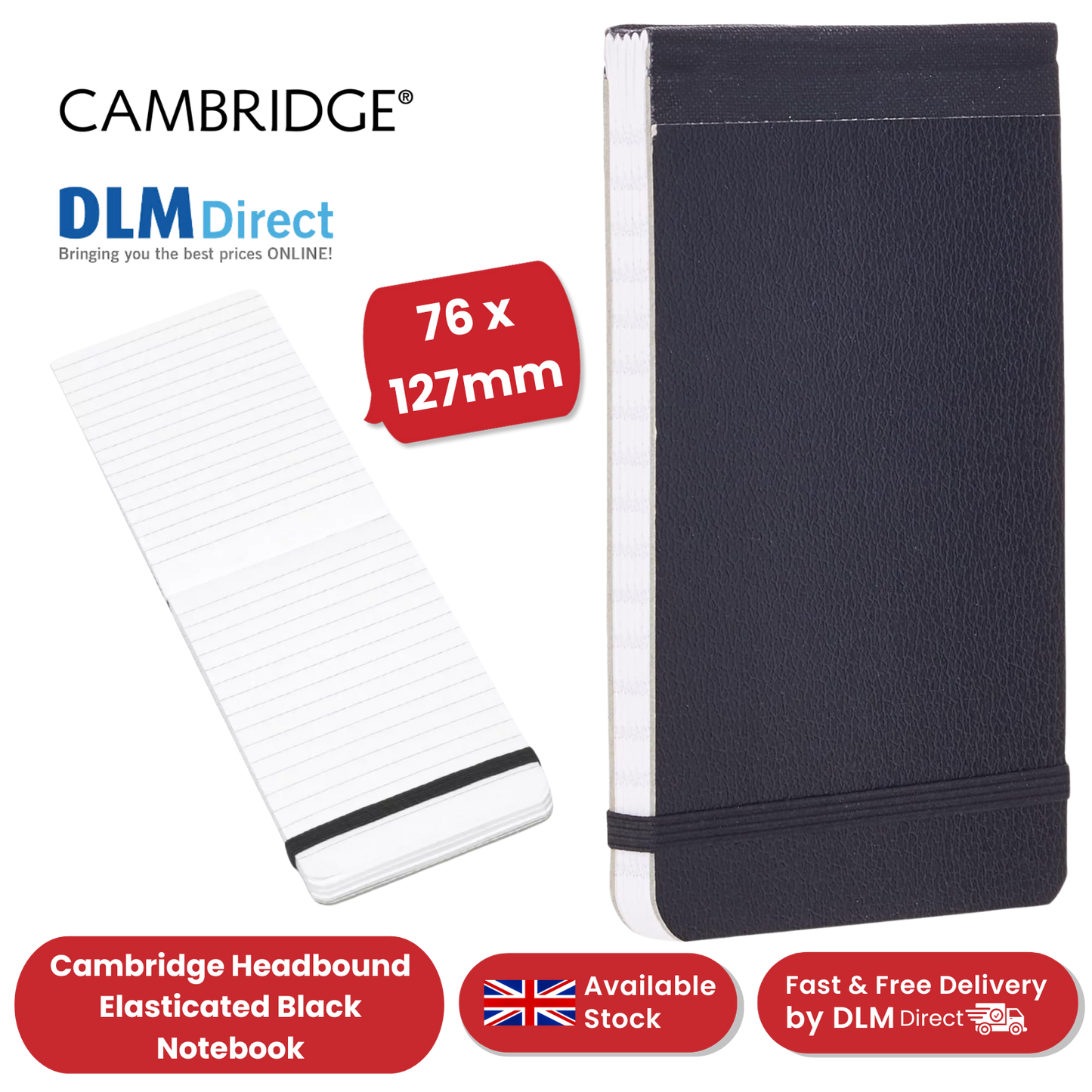 Cambridge Headbound Elasticated 76 x 127mm Black Notebook (Pack of 1) - 1 to 5 Packs