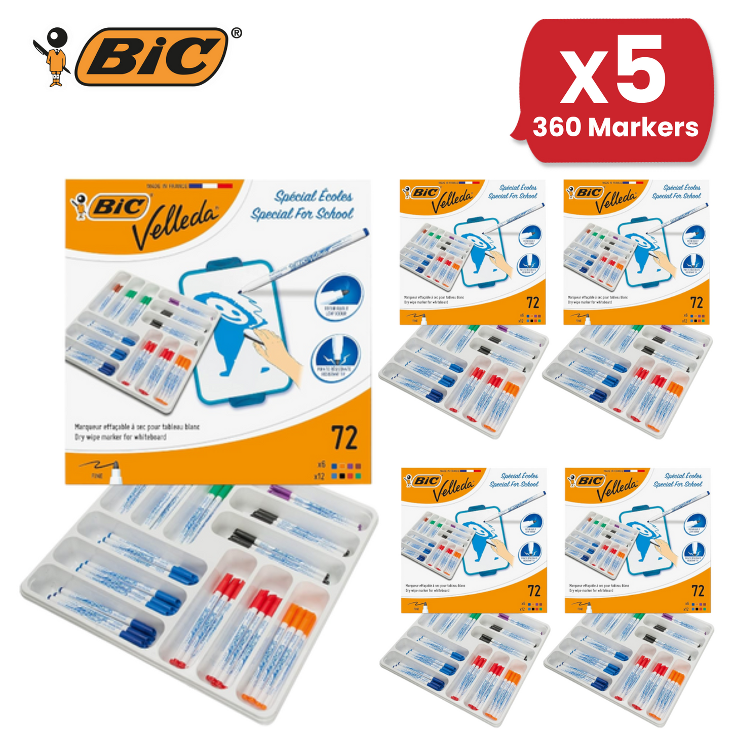 BIC Velleda Whiteboard Marker Pens Fine Tip - Assorted Colours, Classpack of 72