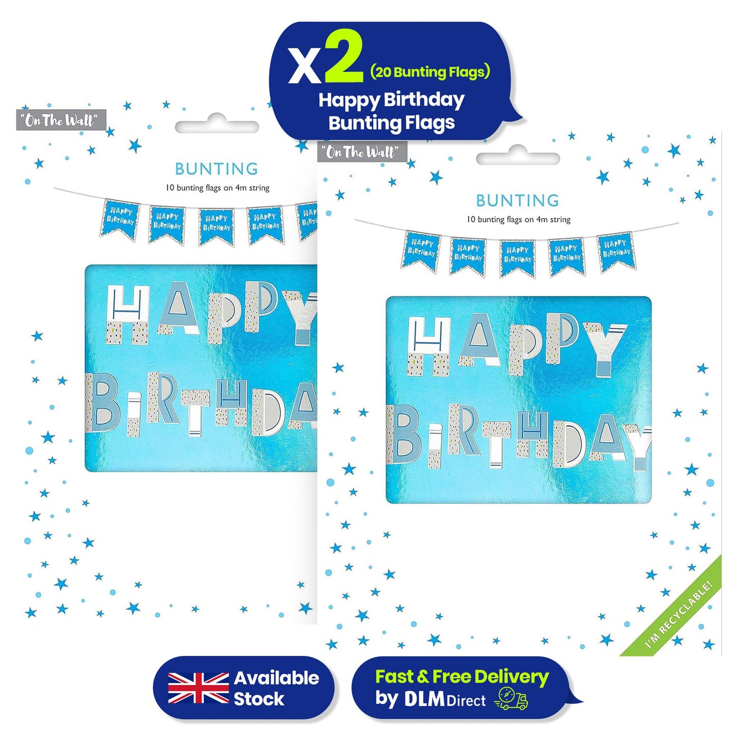 Happy Birthday Blue Bunting Reusable Party Decor 4m with 10 Flags