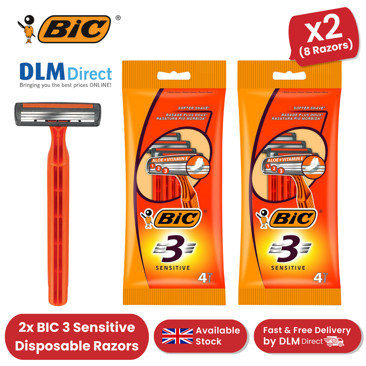 Bic 3 Sensitive Razors - 2 Packs (8 Razors)