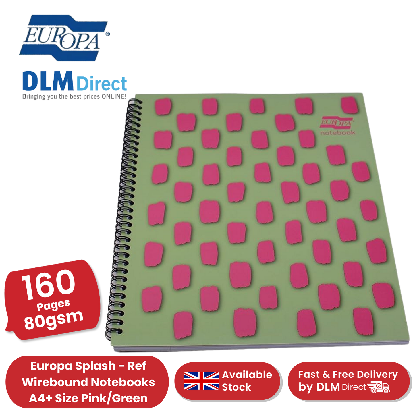 Europa Splash A4+ Notepad  Wirebound 160 Pages 80gsm FSC Paper Ruled Pink