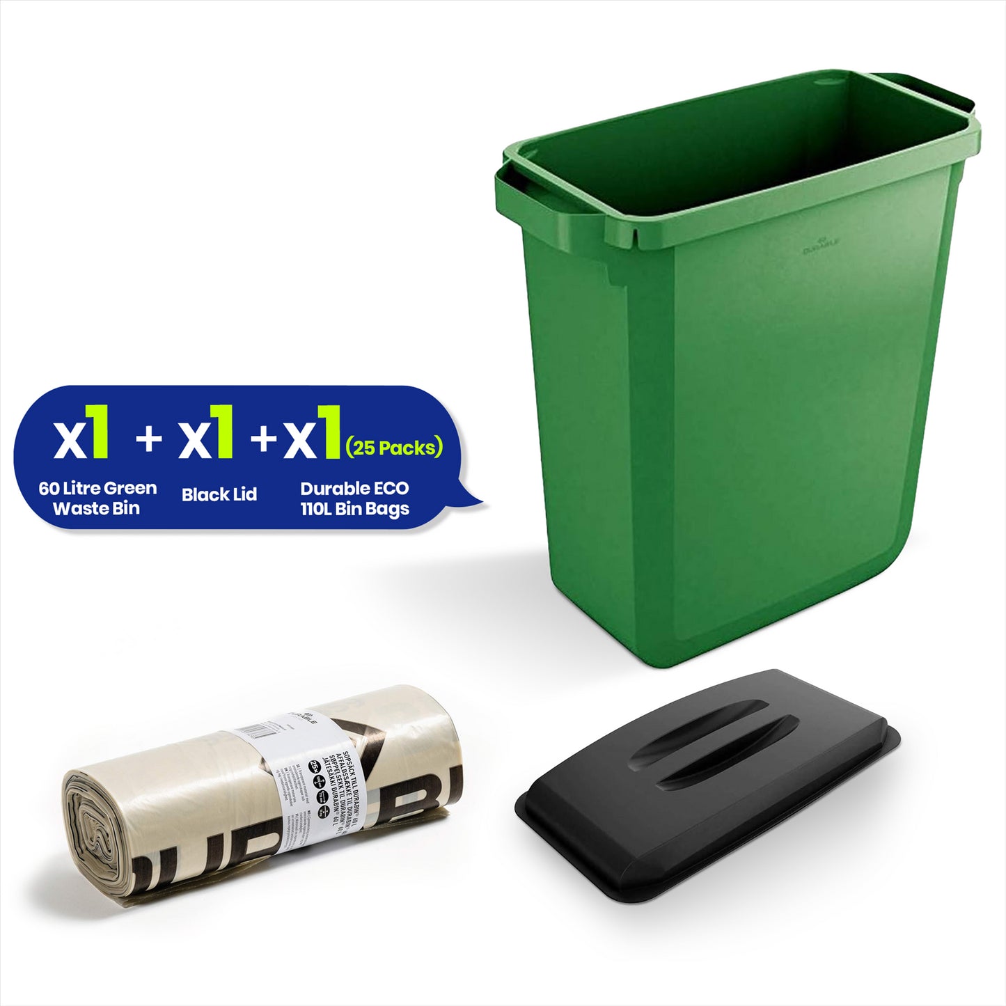 DURABIN 60L Green Bin Set & Black Lid and 25x 110L Recycled Bin Bags