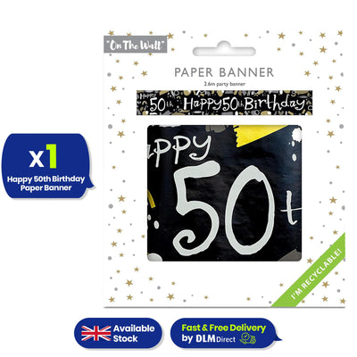 Happy 50th Birthday Black and White Banner 2.6m Party Decor for Milestone Celebration