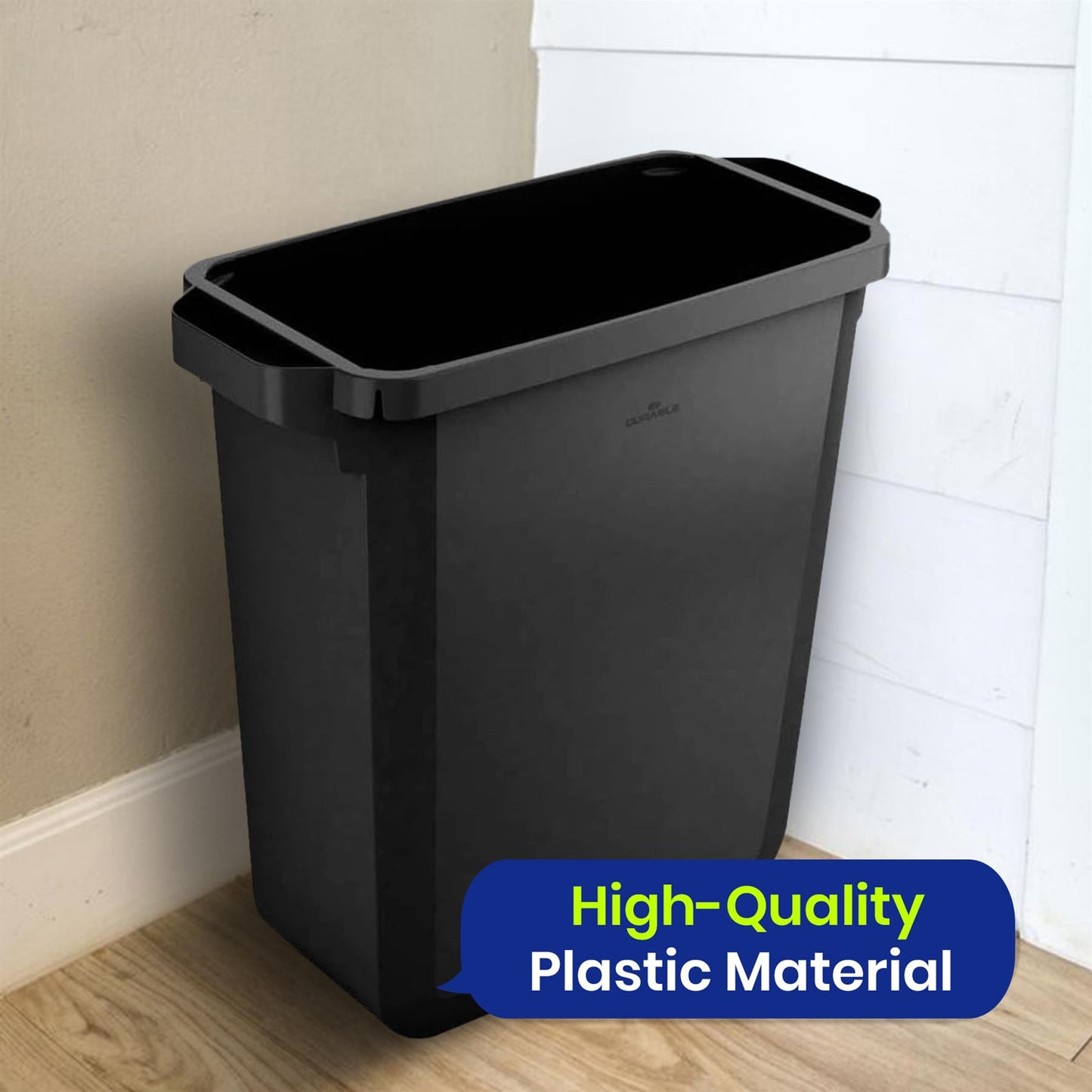 60L Durable DURABIN Black Plastic Waste Bin with Open Top & Handles for Home & Office