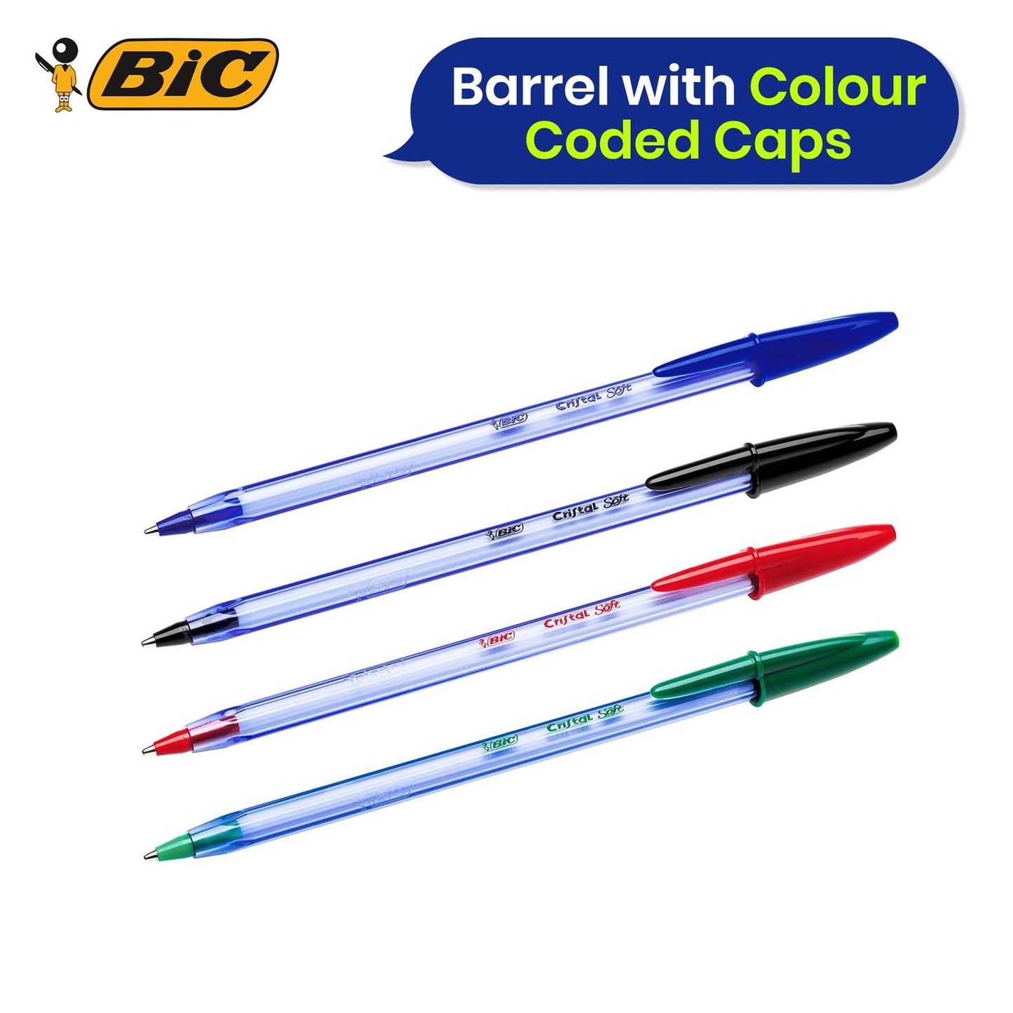 Bic Cristal Soft Ballpoint Pens Medium Tip (1.2 mm) Assorted Colours, Pack of 15 + 5,Black / Blue / Red / Green