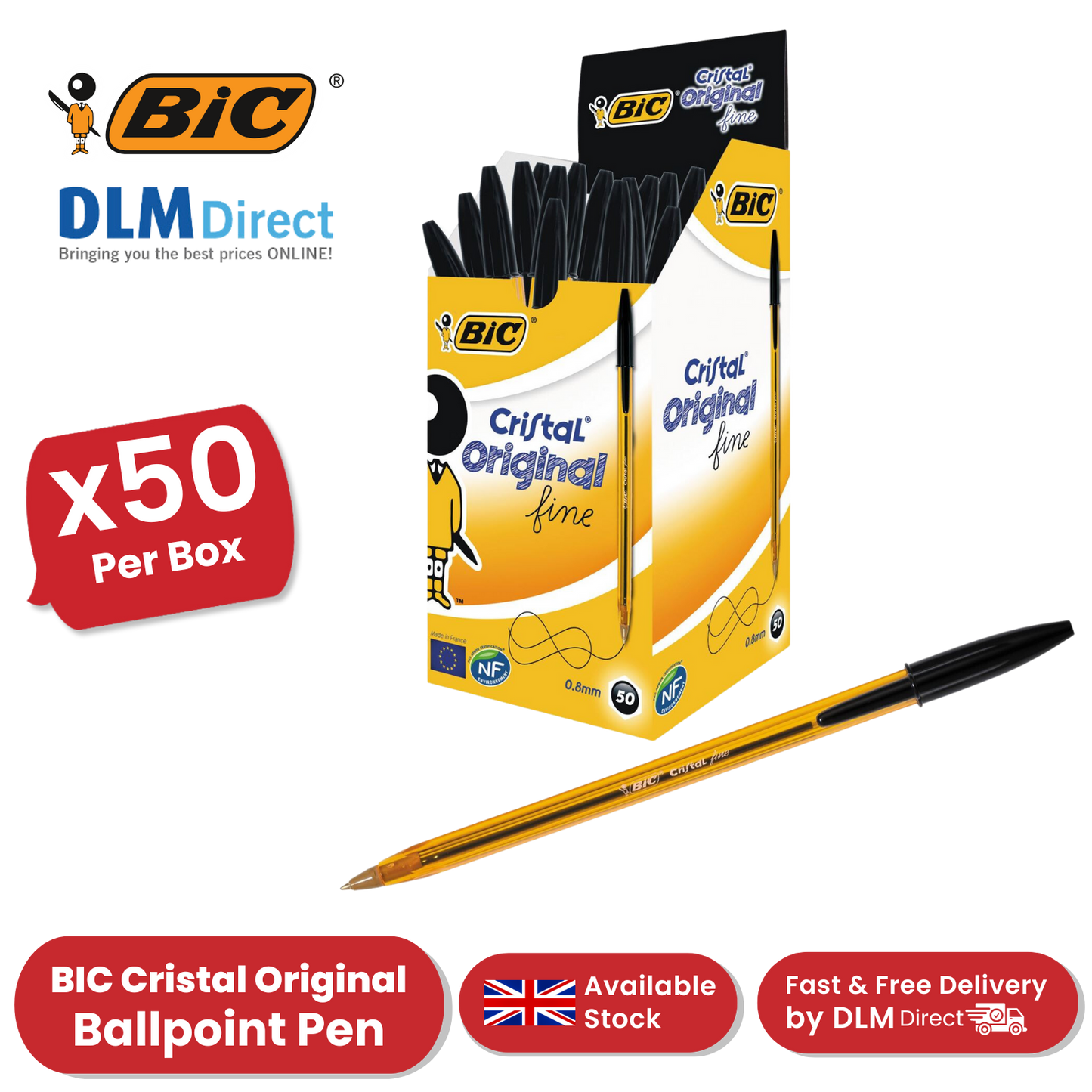BIC CRISTAL FINE BALL POINT PEN BLACK - PACK OF 50 - 1 to 5 Packs