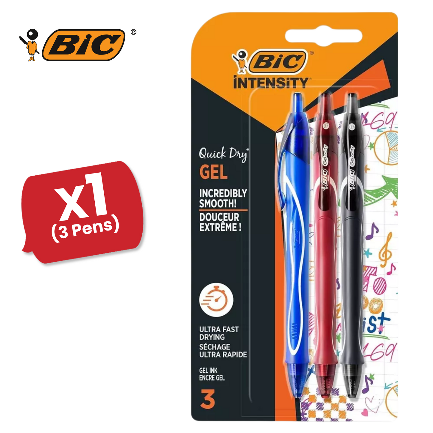 BIC Gel-ocity Quick Drying Gel Pen, Assorted Colours, 3 Pack