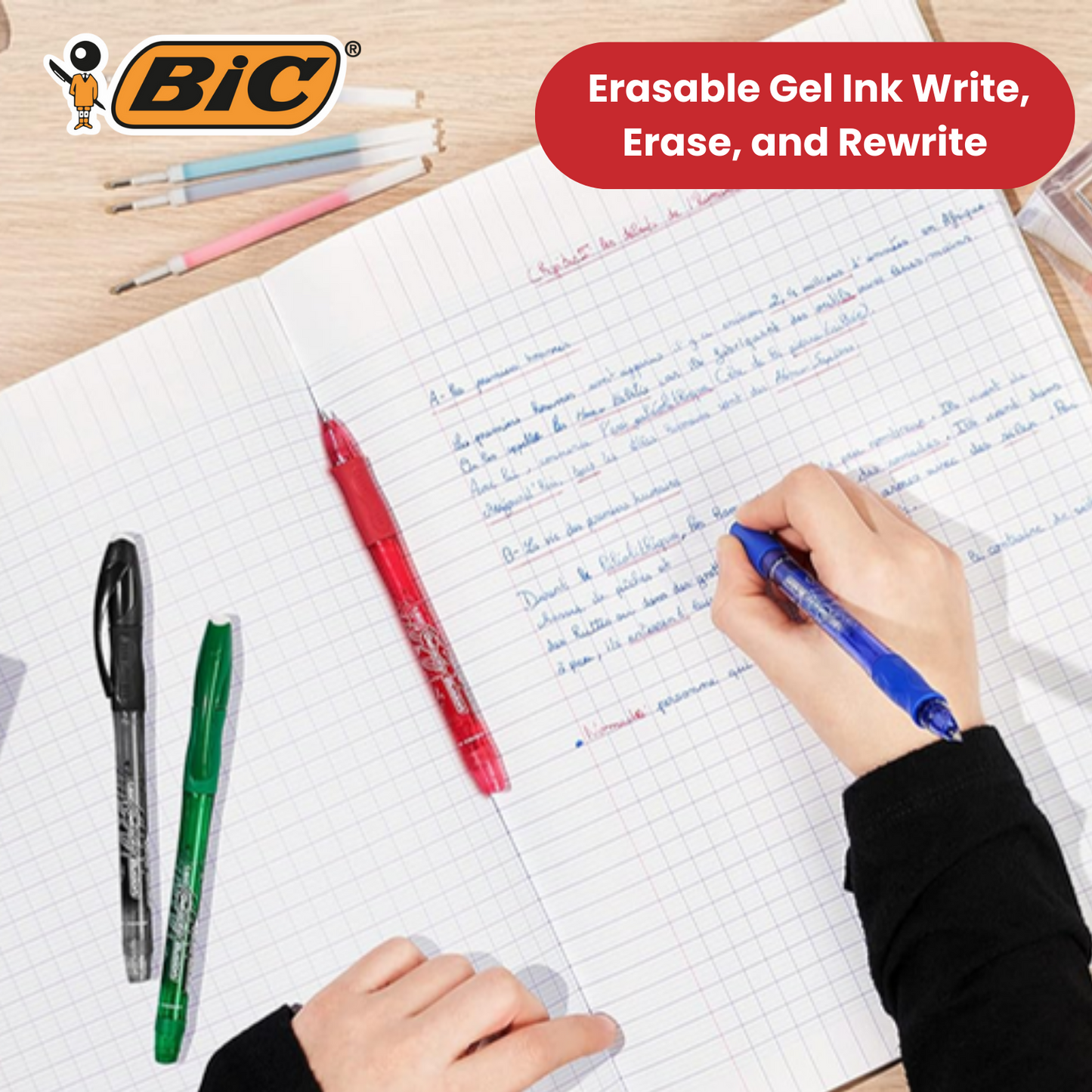 BIC Gel-Ocity Illusion 0.7mm Erasable Gel Pens Black - Pack of 12 Refillable