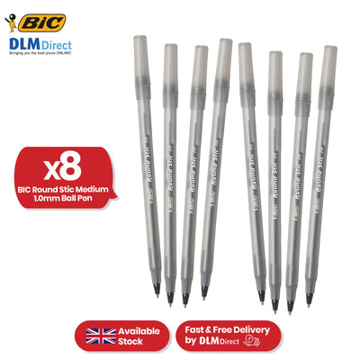 BIC Round Stic Ballpoint Pens - 8 Pcs Plastic Black Ball Pen, 1.0mm Tip Writing Pens for Office