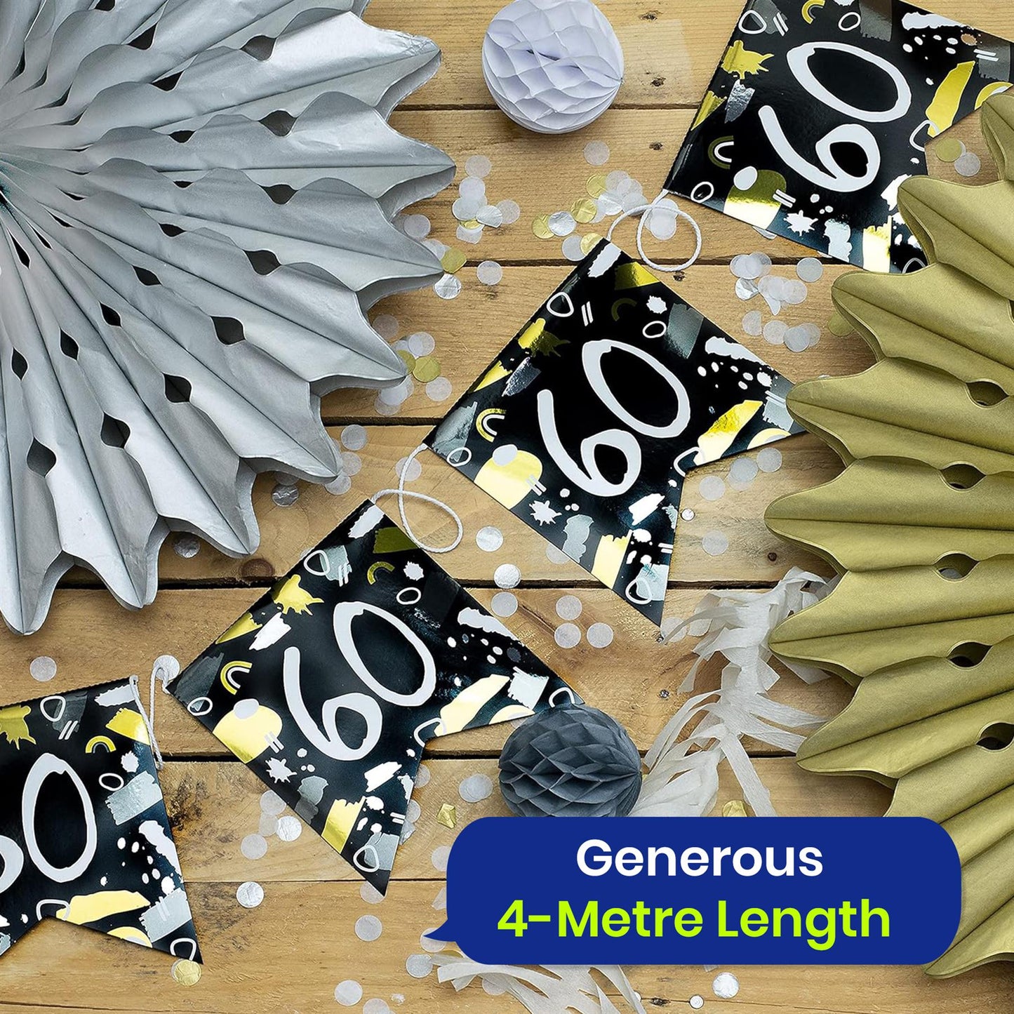 Happy 60th Birthday Black and White Bunting 4M Party Banner with 10 Flags Durable