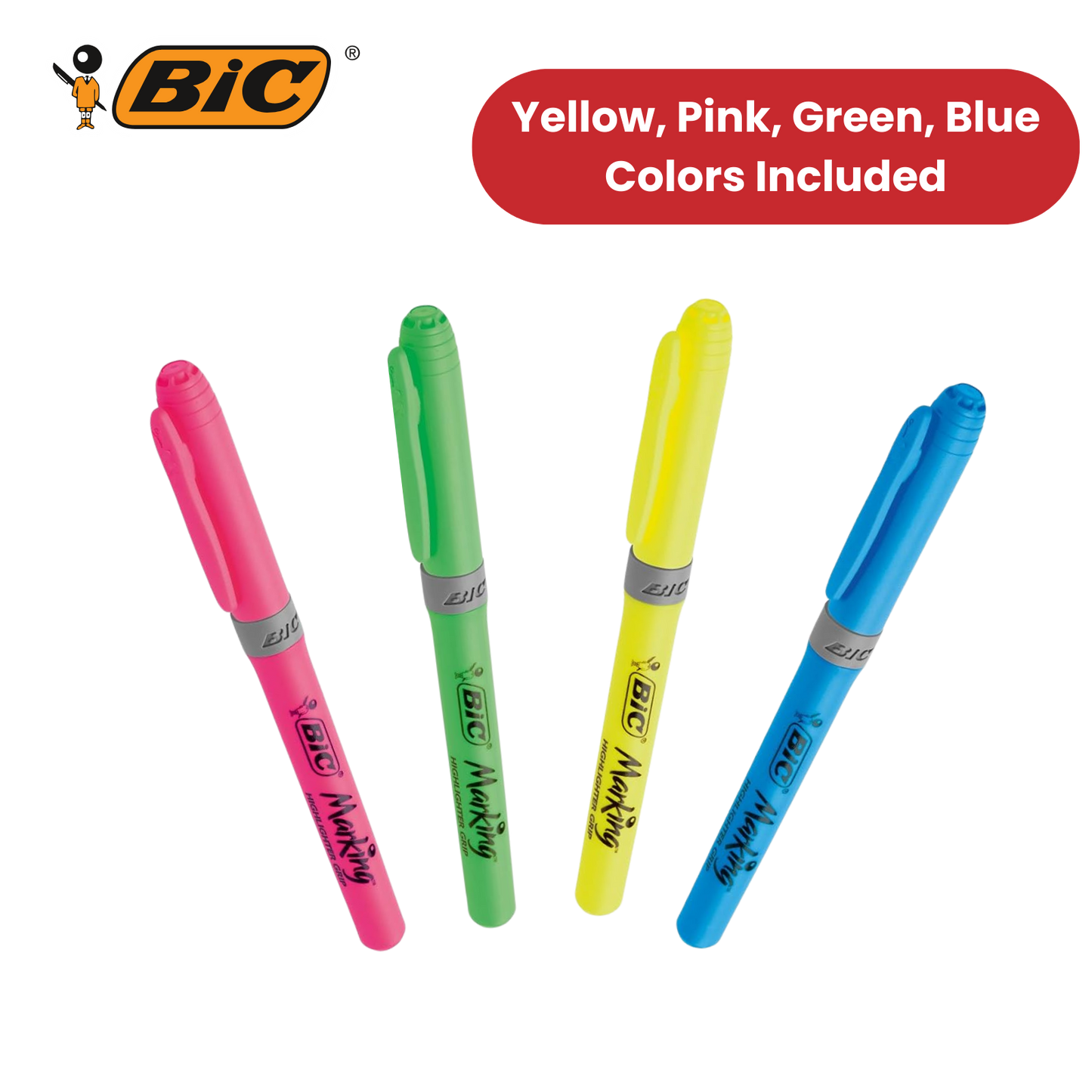 BIC Briteliner Grip Highlighters - Yellow/Blue/Green/Pink (Pack of 4)