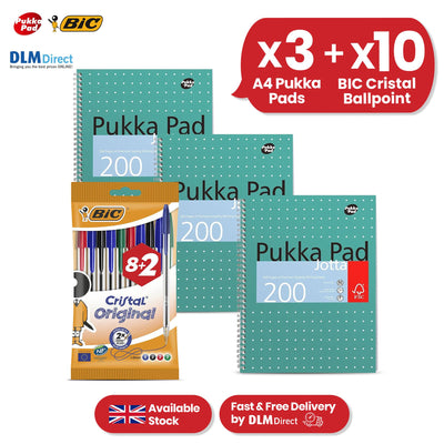 Pukka Pad 3x A4 Jotta Notebook 200 Pages & 10x BIC Cristal Original Ballpoint