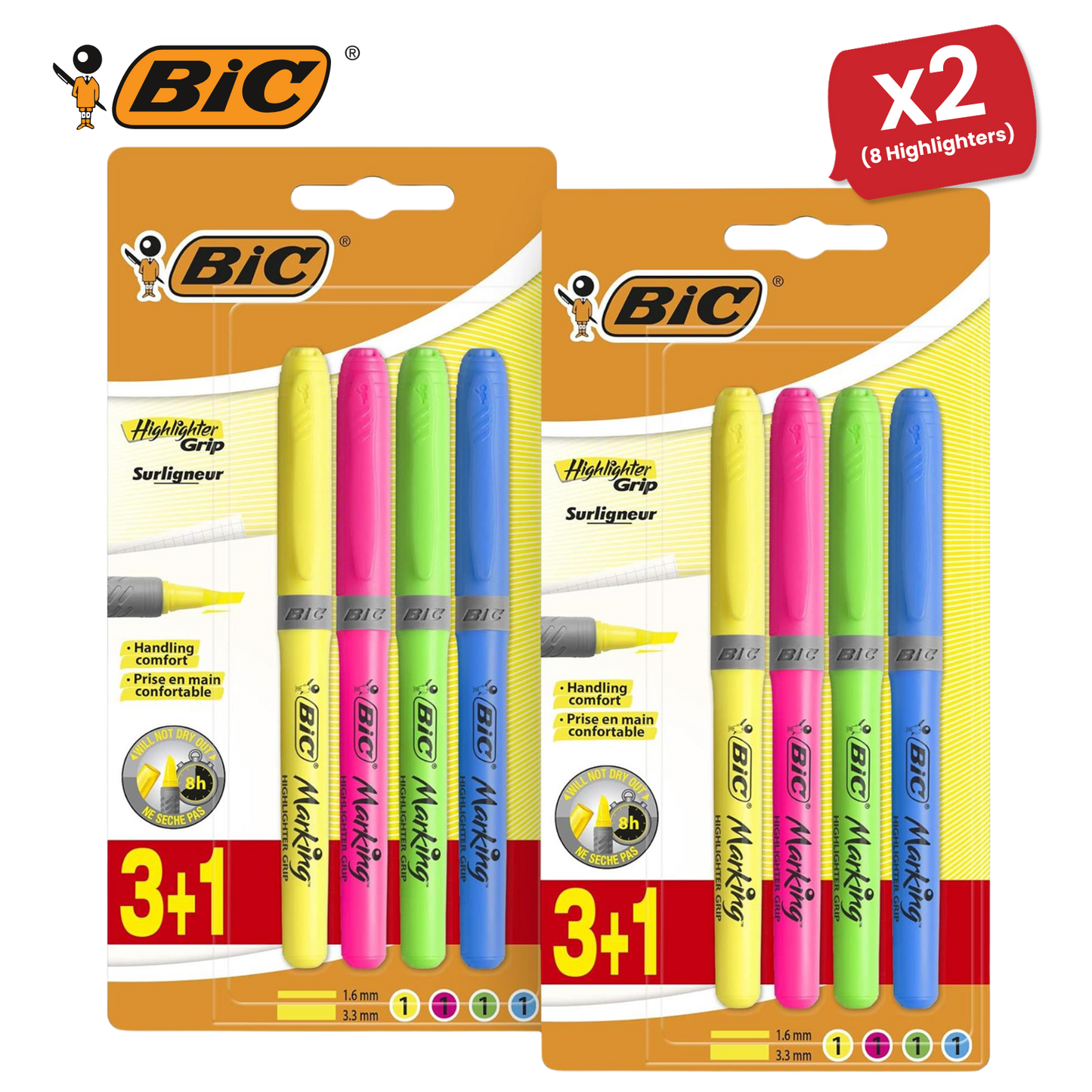 BIC Briteliner Grip Highlighters - Yellow/Blue/Green/Pink (Pack of 4)