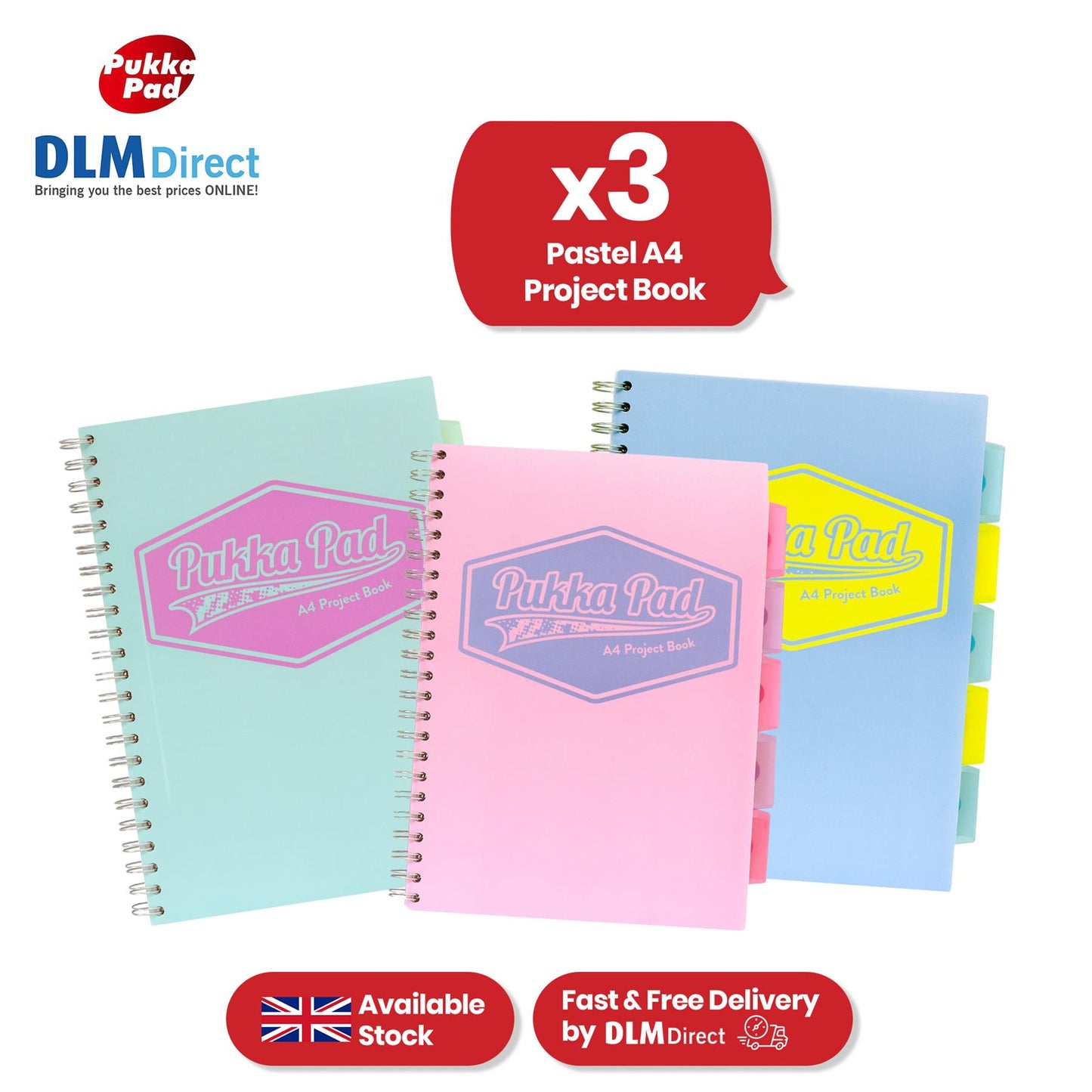 Pukka Pad Project Book - Assorted Pastel Divider Notebook, 200 Pages A4 Notepad for Meetings