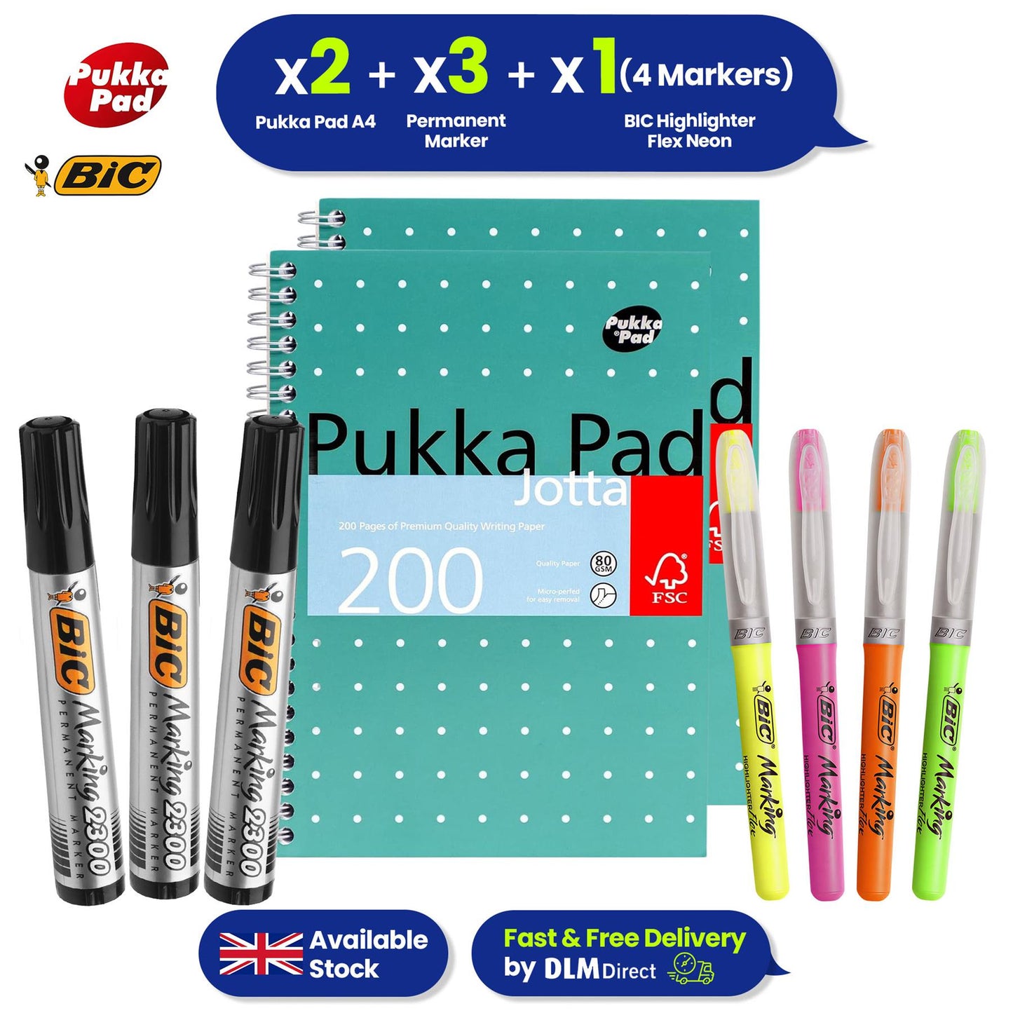 Pukka Pad A4+ Metallic Jotta Notebook Green 2x, BIC Flex 4 Neon Highlighters, BIC Parmanent Marker 3x