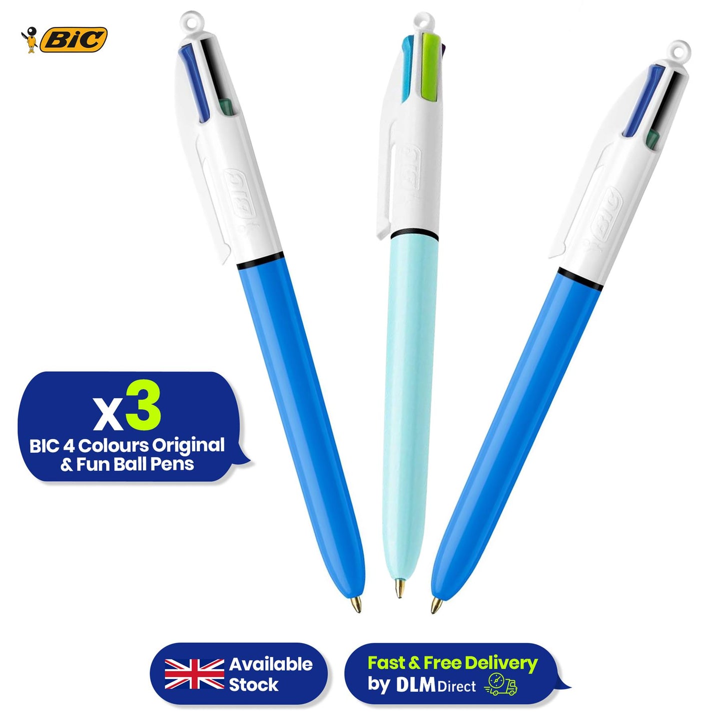 BIC 4 Colours Original & Fun Pens Pack of 3 with Classic and Vibrant Ink