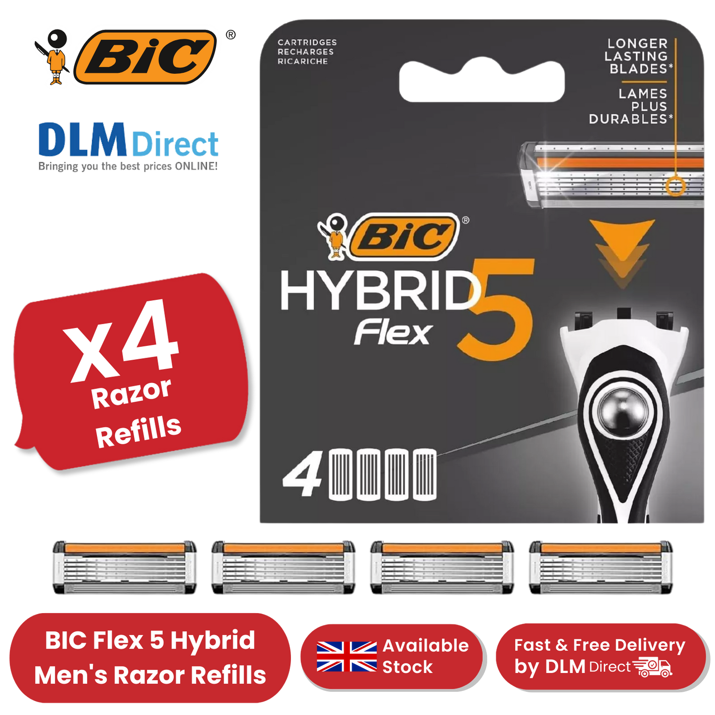 BIC Flex 5 Hybrid Men's Razor Refills  - Box of 4 Cartridges