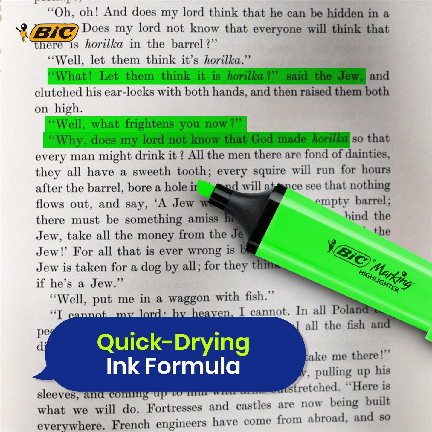 BIC Highlighter Flat Marker Neon Green Pack of 12 & 4x Assorted Chisel Tip Quick Dry
