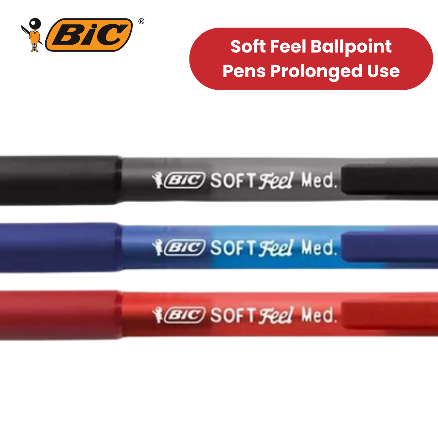 Bic Soft Feel Ballpoint Pens Medium Point (1.0 mm) (Black,Blue,Red), Pack of 3