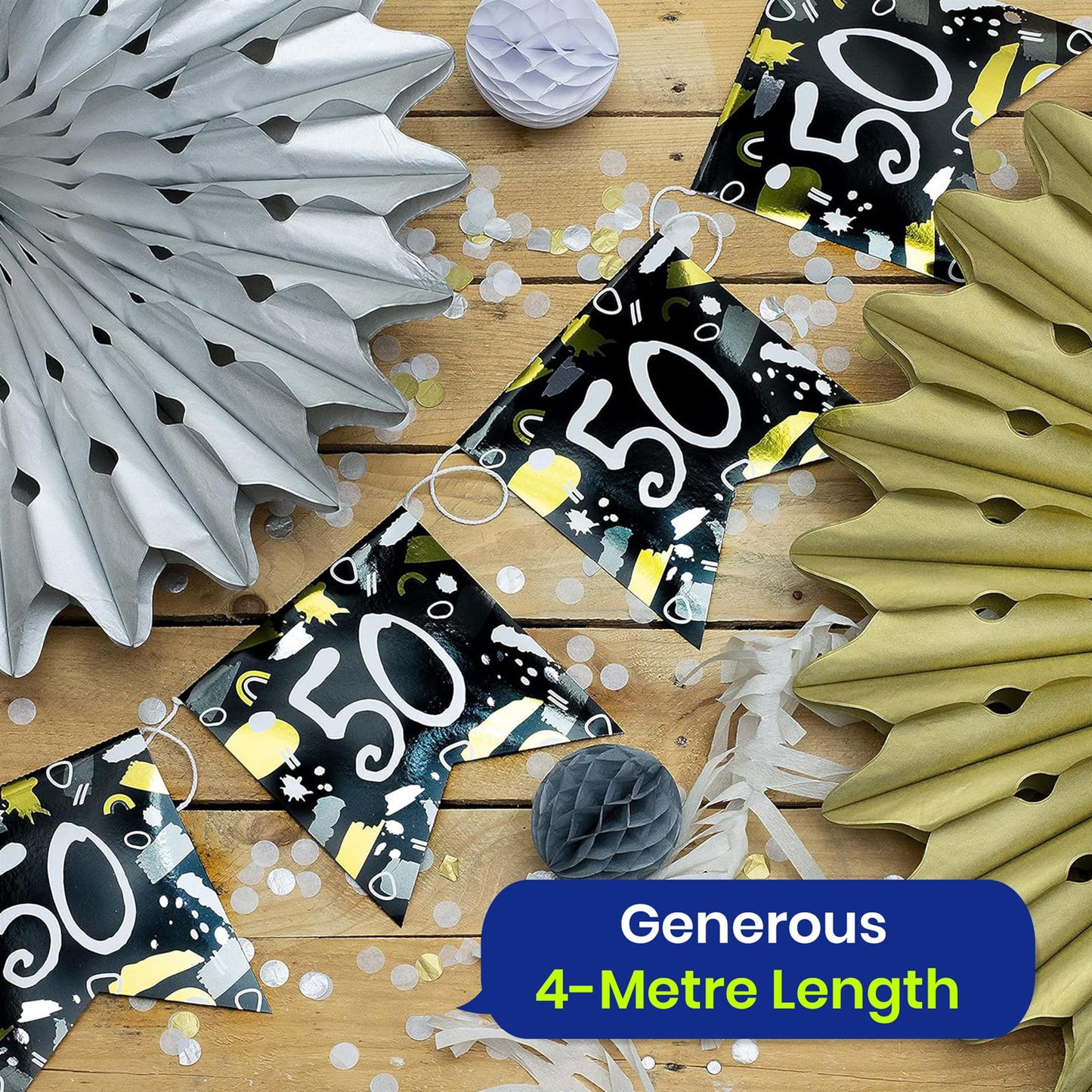 Happy 50th Birthday Black and White Bunting 4M Party Banner with 10 Flags Durable