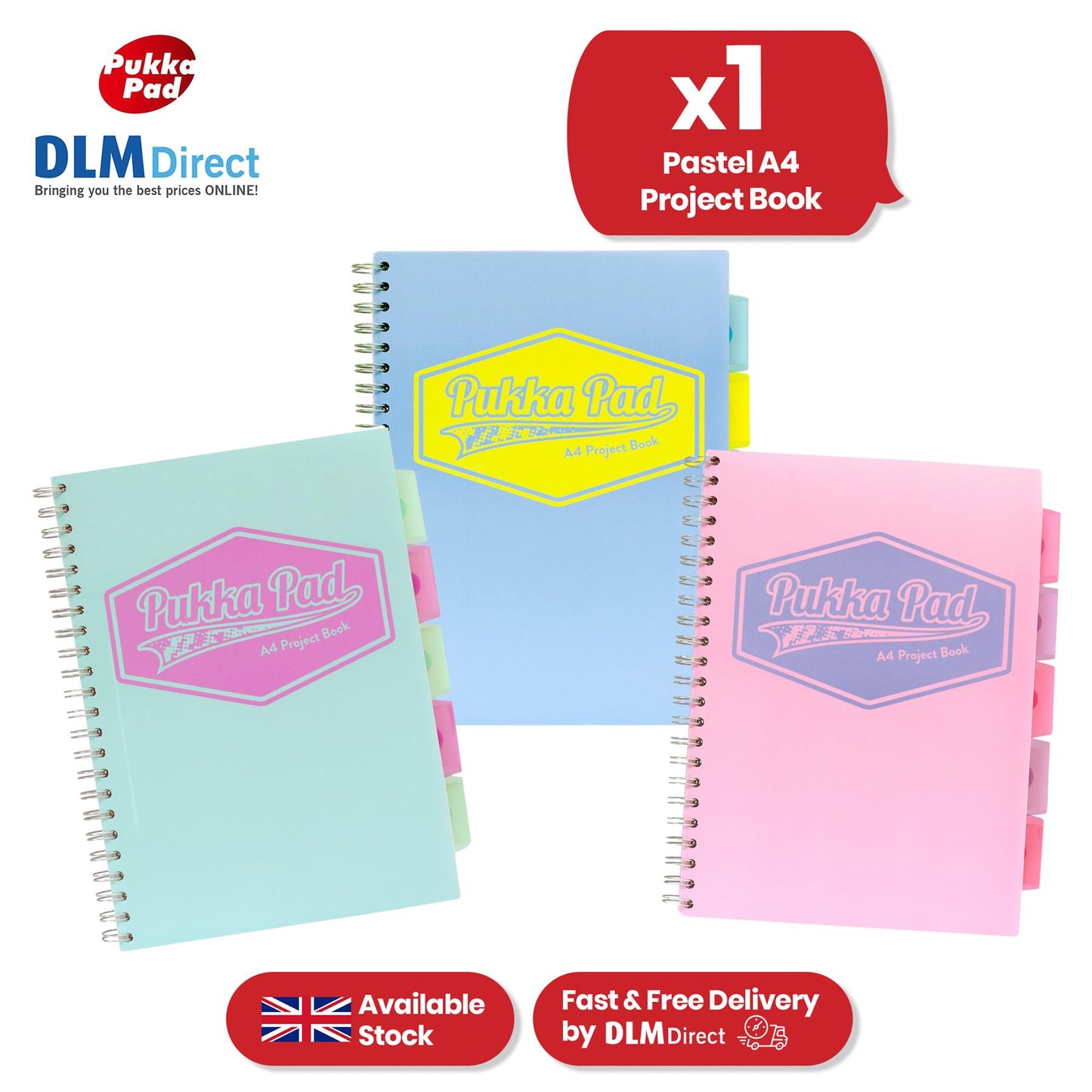 Pukka Pad Project Book - Assorted Pastel Divider Notebook, 200 Pages A4 Notepad for Meetings