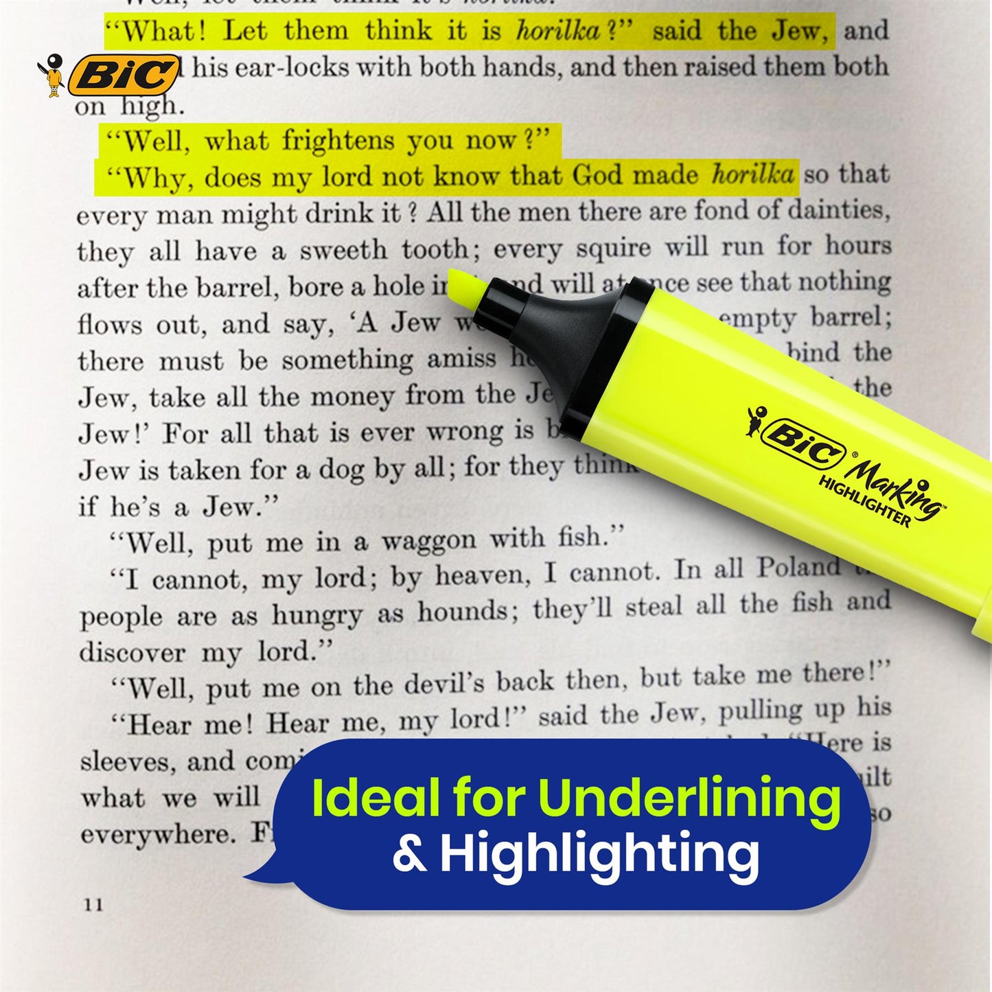 BIC 3x Marking Highlighter Flat Marker Neon Yellow Modular Tip for Precise Highlighting